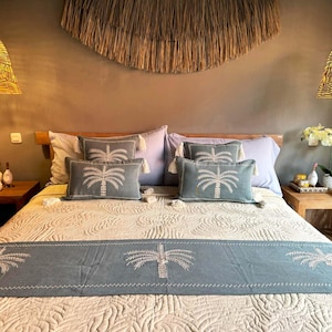 Pia-Boho Palm Tree Embroidered Bedding Set, Gift for Mom or Sister, Turquoise beige Bed Runner and Cushions