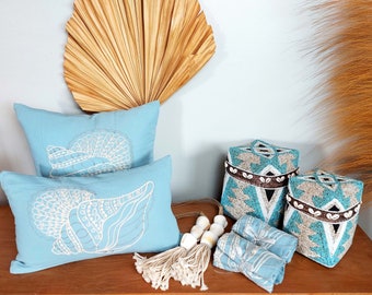 Home decor package in Bali beaded bamboo box for home furnishings, blue color palette and beige, new apartment gift