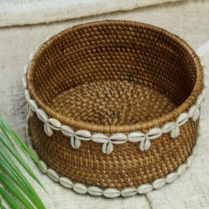 Wicker rattan basket with cowrie shells, Brown rattan basket, Bali beaded decorative box, Essential bathroom storage image 6