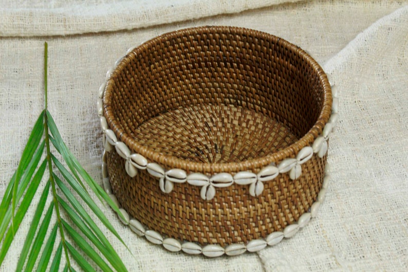 Wicker rattan basket with cowrie shells, Brown rattan basket, Bali beaded decorative box, Essential bathroom storage image 6