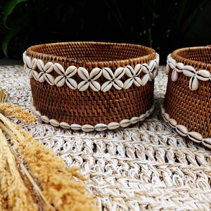 Wicker rattan basket with cowrie shells, Brown rattan basket, Bali beaded decorative box, Essential bathroom storage image 5