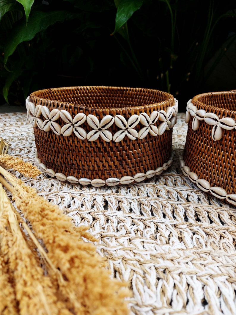 Wicker rattan basket with cowrie shells, Brown rattan basket, Bali beaded decorative box, Essential bathroom storage image 5