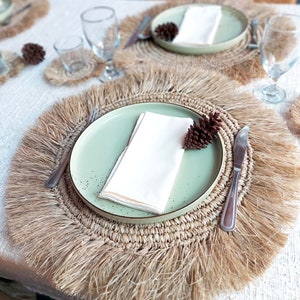 Natural Straw boho placemats with fringes, woven placemats set of 4, Raffia table decor round