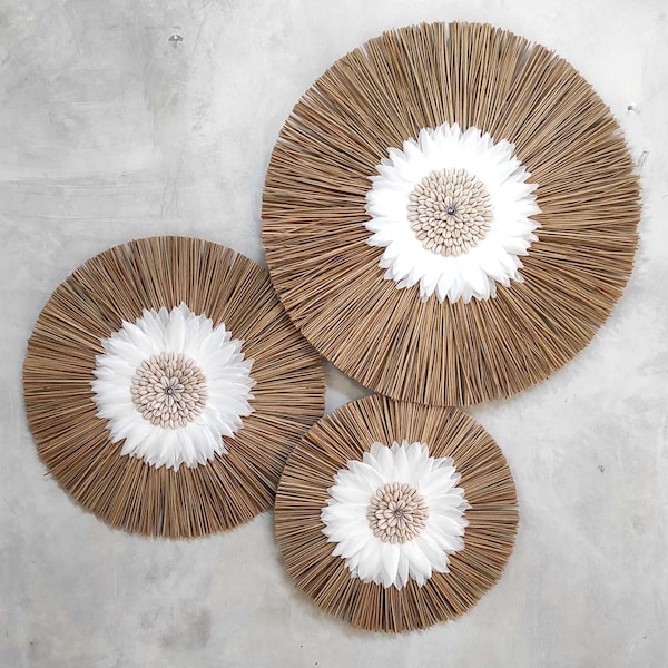 JUJU set of 3 Boho wall decor with natural raffia, Feathers wall decoration, Natural Bohemian art, Raffia wall hanging