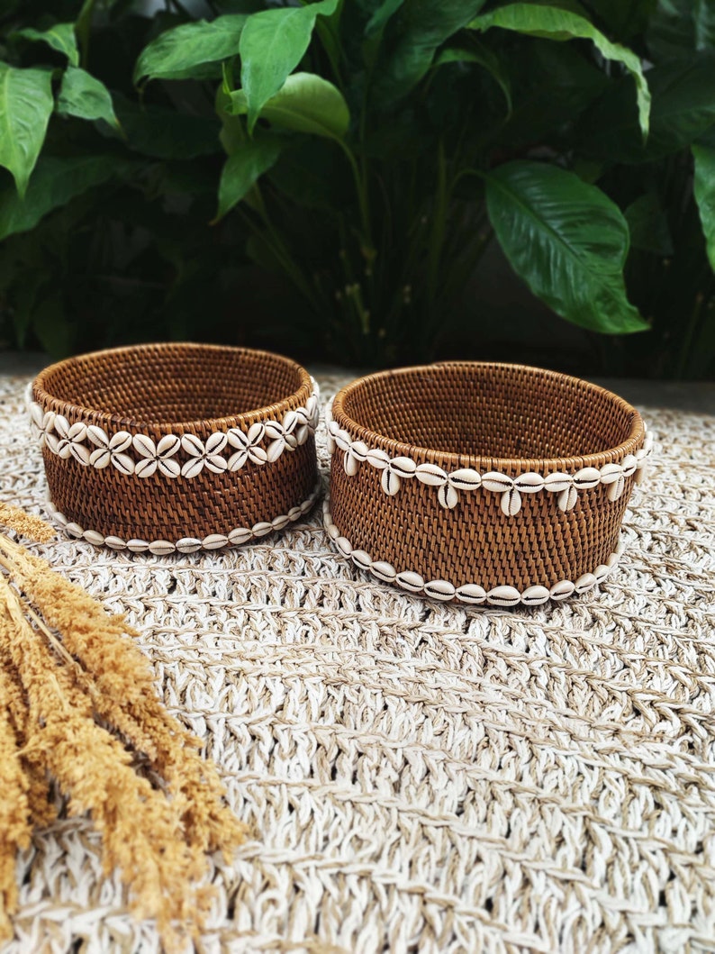 Wicker rattan basket with cowrie shells, Brown rattan basket, Bali beaded decorative box, Essential bathroom storage image 2