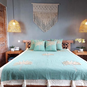 Isla-Palm tree cotton linen bedding set queen, Aesthetic bedding with palm tree pillow, Cotton linen throw blanket couch, Unique pillow