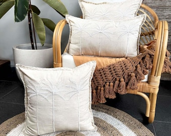 Embroidered Palm Tree Linen Cushion Cover, Boho Throw Pillow
