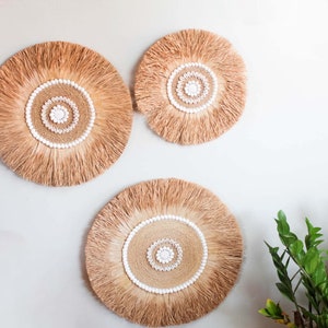 Semaya 3 piece Wall Art set for master bedroom decor, Handmade JUJU hat natural raffia, Unique sister gift, Perfect New Home gift