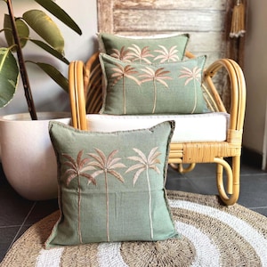 Boho Sage Green Palm Tree Cushion Cover, Embroidered Neutral Cotton Pillow for Sofa, Couch, Birthday Gift for Mom, Cozy Housewarming Accent