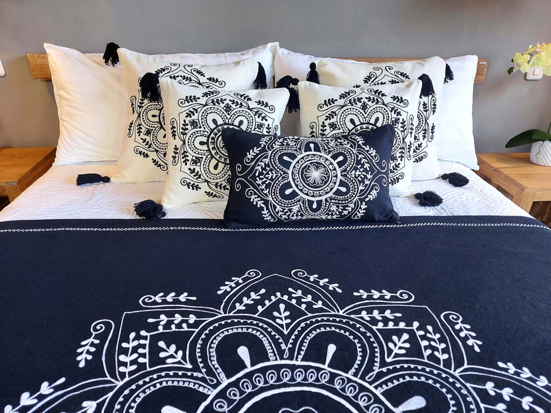 Bohemian Black and White Cotton Bedding Set, Embroidered Throw Blanket