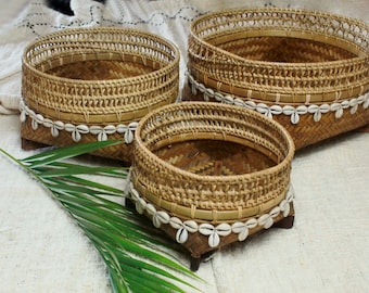 Set of 3 bamboo basket with shells, Brown bamboo basket, Bali beaded decorative box