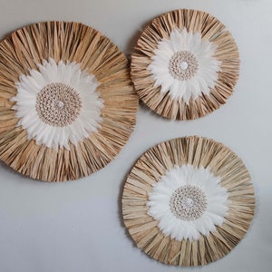 Kana-JUJU Hat raffia wall hanging set of 3, Bohemian wall decor with feathers and cowrie shells, Gifts for husband
