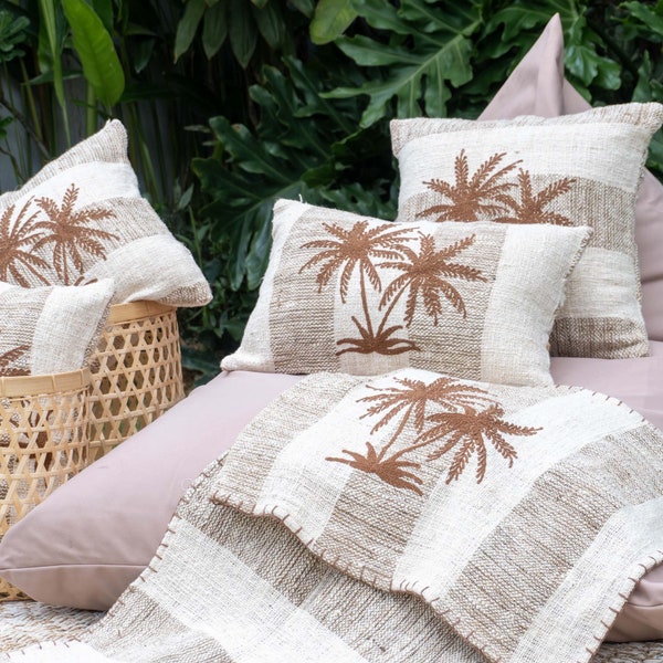 Handwoven pillow textured Jute Cotton, Palm Tree pillow, Neutral cushion set, Best gift for her, Boho appartement decor, All seasons present