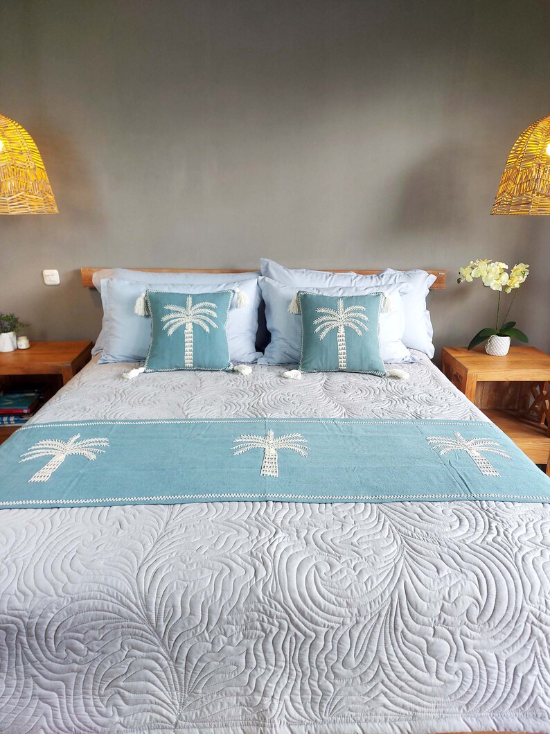 Palm Tree Bedding Set Cotton, Bed Runner, Cushions Cover, Bed Cover