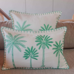 Cojines de palmeras tropicales, decoración elegante de ventana salediza, juego de almohadas bordadas neutras, regalo de boda"