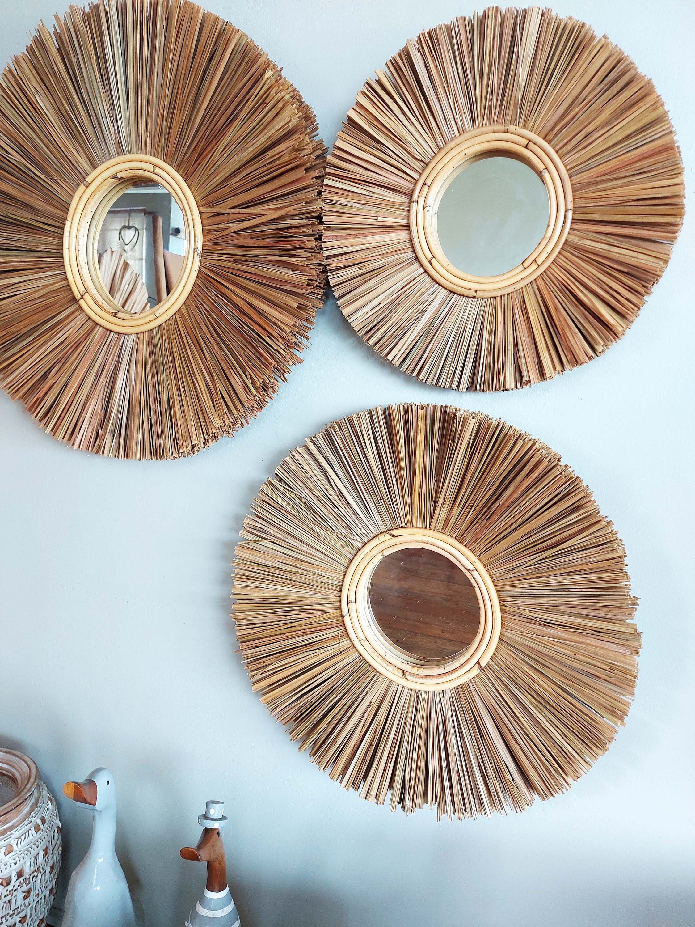 Set of 3 Art Deco Mirror With Natural Raffia 3 Piece Wall Art Etsy