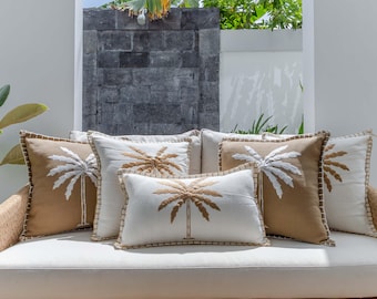 Embroidered Palm Tree Pillow Cover, Boho Coastal Decor