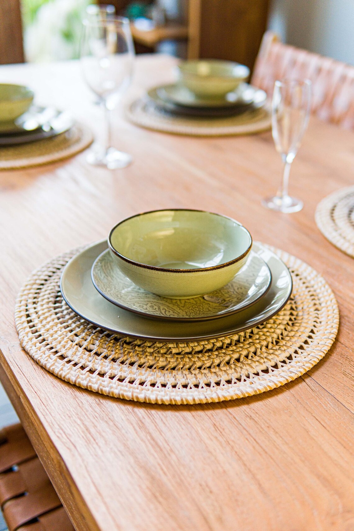 Set of Natural Rattan Placemats, Round Placemats Rattan Decor, Dining