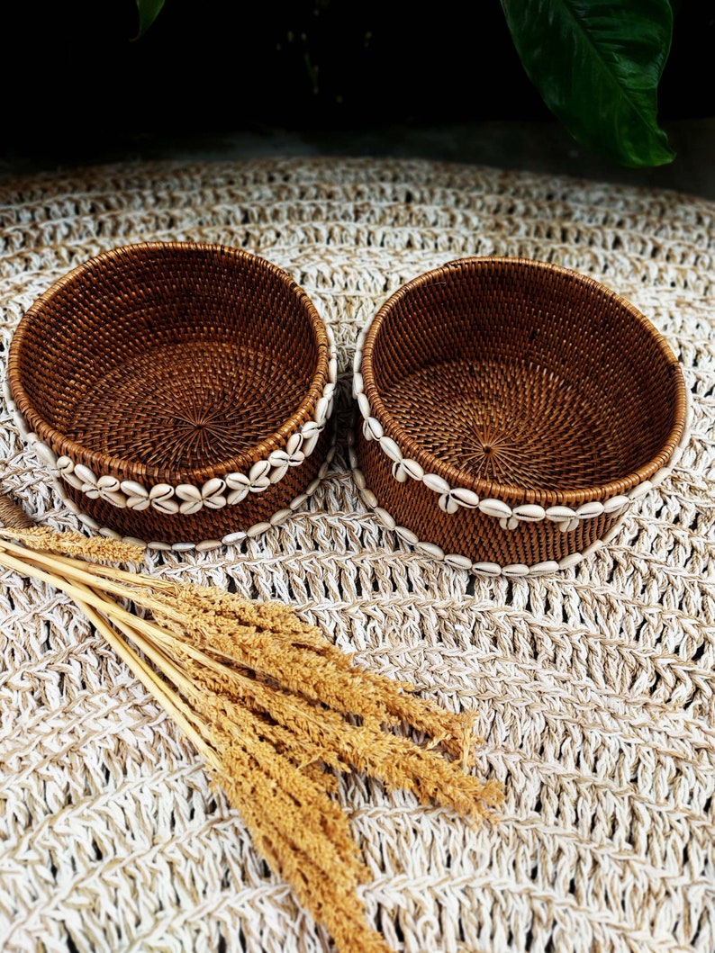 Wicker rattan basket with cowrie shells, Brown rattan basket, Bali beaded decorative box, Essential bathroom storage image 4