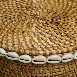 Wicker rattan basket with cowrie shells, Brown rattan basket, Bali beaded decorative box, Essential bathroom storage image 9