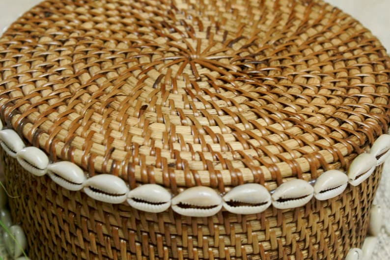 Wicker rattan basket with cowrie shells, Brown rattan basket, Bali beaded decorative box, Essential bathroom storage image 9