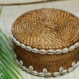 Wicker rattan basket with cowrie shells, Brown rattan basket, Bali beaded decorative box, Essential bathroom storage image 7