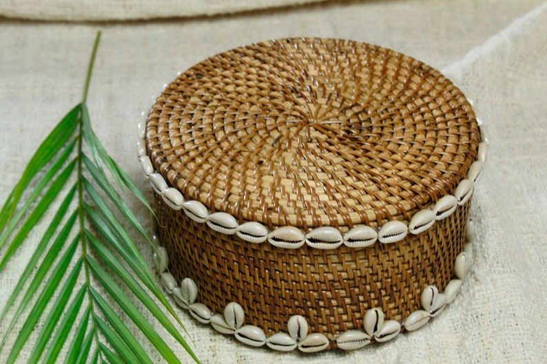 Wicker rattan basket with cowrie shells, Brown rattan basket, Bali beaded decorative box, Essential bathroom storage image 7