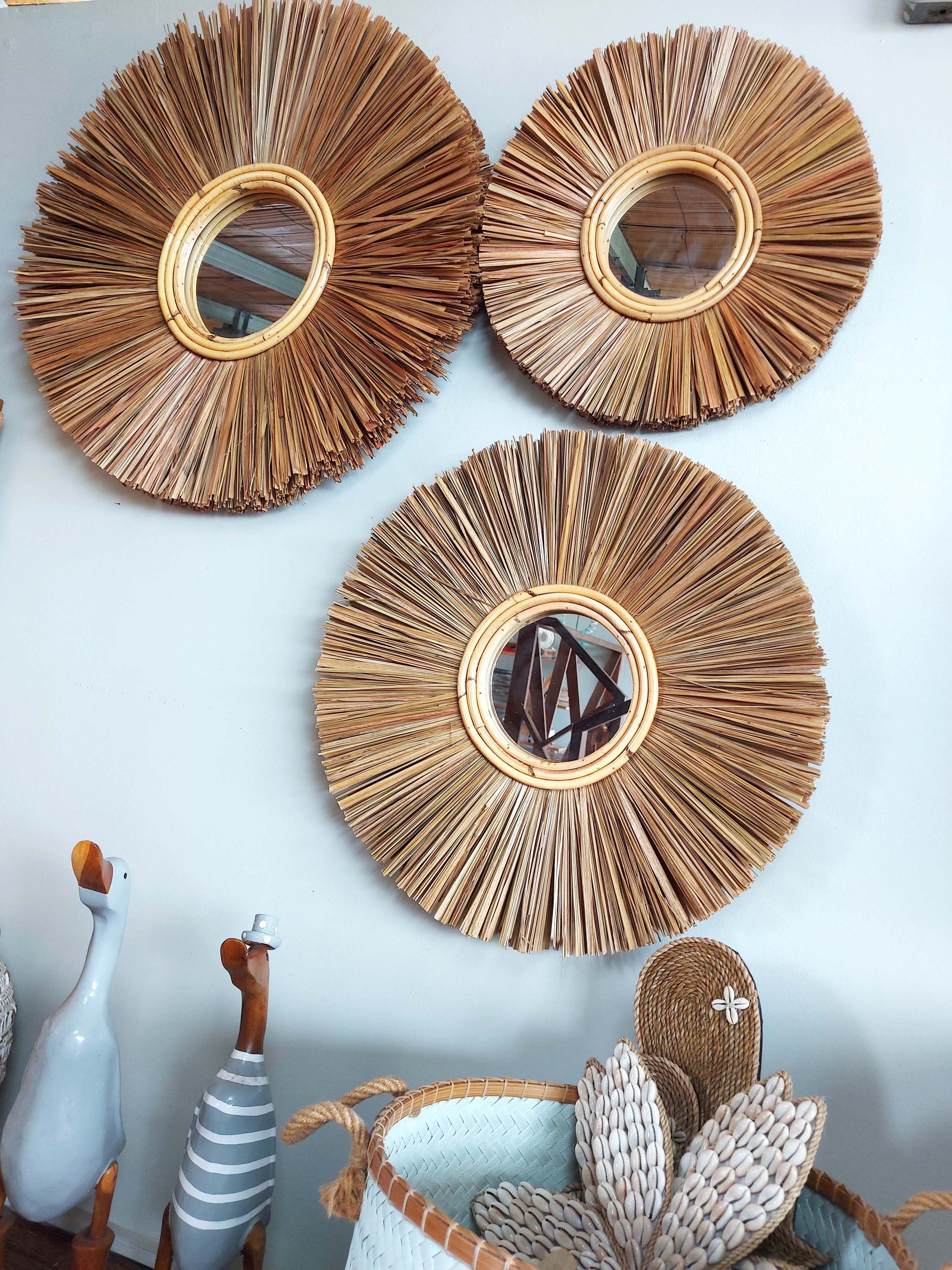 Set of 3 Art Deco Mirror With Natural Raffia 3 Piece Wall Art Etsy