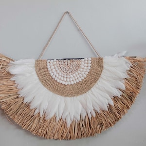 Decoração de parede Conchas de ráfia penas, tapeçaria de parede de ráfia, arte com conchas, palha natural