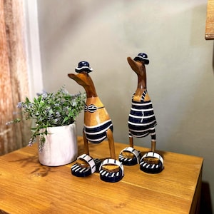 Nautical Duck Couple Decor, Handmade Bamboo Root Ducks in Beach Outfits, Coastal Table Decor in Navy and White, Gift for Any Occasion