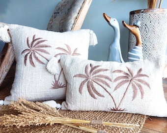 Palm Tree Embroidered Cotton Cushion Cover | Tassel Throw Pillow