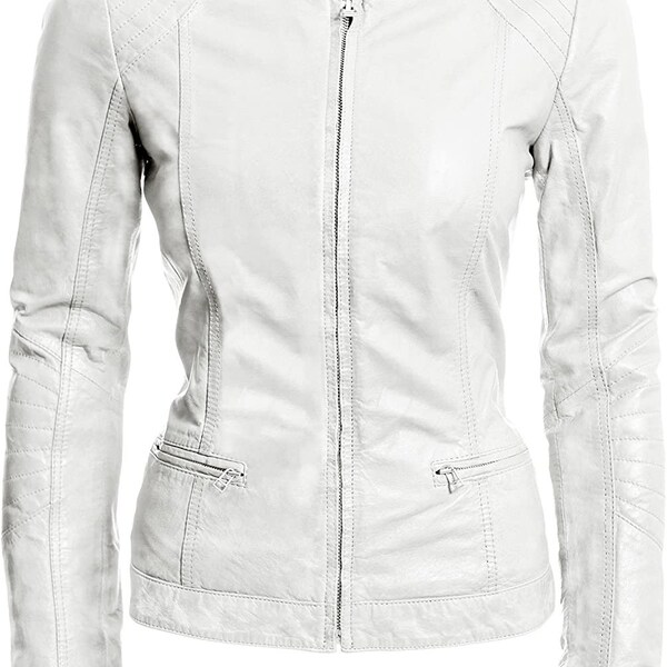 White Leather Jacket Women Etsy