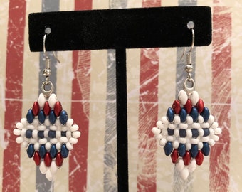 Red, white and blue triangle drop earrings.