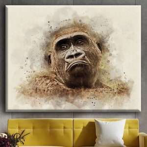 Monkey Canvas Wall Art, Gorilla Painting, Large Canvas Monkey, Wild Animal Artwork, Gorilla Painting Watercolor Wall Decor, Abstract Monkey