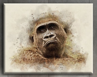 Monkey Canvas Wall Art, Gorilla Painting, Large Canvas Monkey, Wild Animal Artwork, Gorilla Painting Watercolor Wall Decor, Abstract Monkey