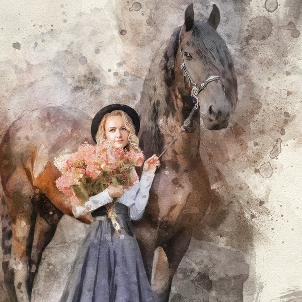Custom Horse Portrait From Photo, Art print, Equestrian art, Personalized Art for Horse Lovers, Vintage Style, Whimsical Art, Art for Girls