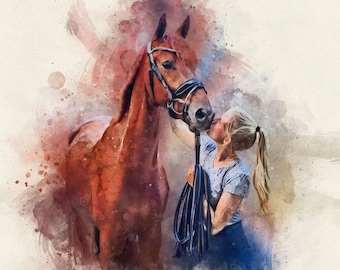 Personalisiertes Pferdeportrait vom Foto Personalisiertes Pferd Geschenk Pferd Verlust Geschenk Pferd Wand Kunst Pferdebesitzer Pferd und Mädchen Pferd Portrait