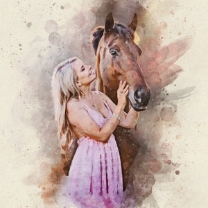 Horse and Girl Portrait from Photo, Custom Horse Gift, Pet Loss Gift, Horse Rider Gift, Custom Horse Portrait, Horse Painting
