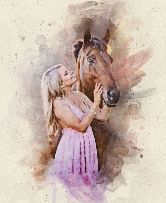 Horse and Girl Portrait from Photo, Custom Horse Gift, Pet Loss Gift, Horse Rider Gift, Custom Horse Portrait, Horse Painting
