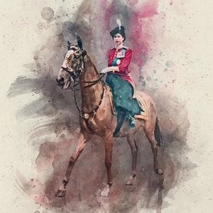 Queen Elizabeth II on a Horse Monarchy Wall Decor Watercolor Portrait British Royalty Painting Queen and Horse Wall Art