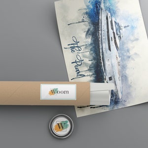 May include: A watercolour print of a white yacht with the text "The Pearl" on the side. The print is rolled up in a brown tube with a white label that says "Woom".