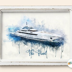May include: A watercolour painting of a white yacht with the text "The Pearl" below it. The yacht is surrounded by blue and white watercolour washes.