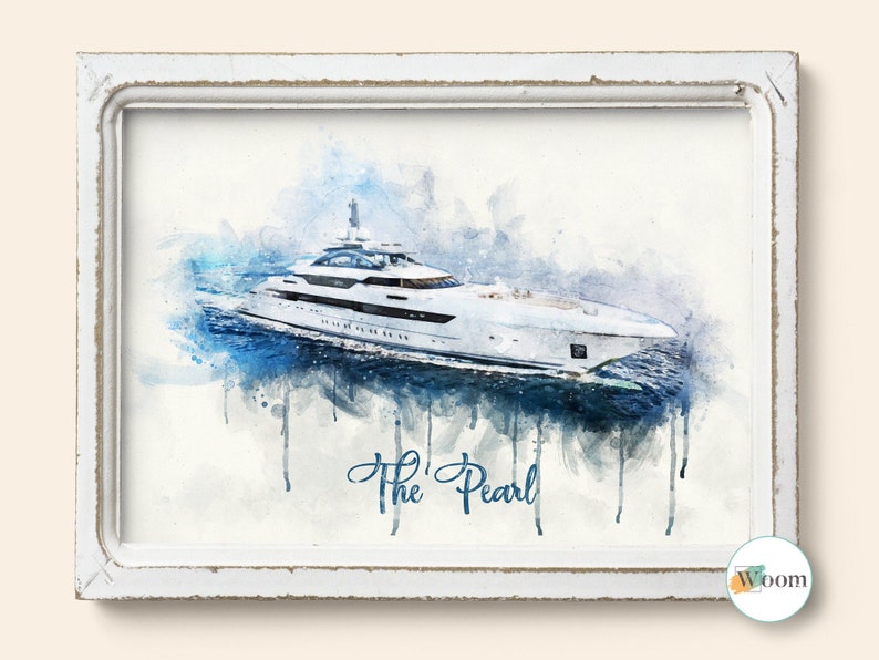 May include: A watercolour painting of a white yacht with the text "The Pearl" below it. The yacht is surrounded by blue and white watercolour washes.