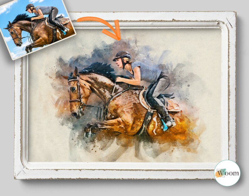 Puede incluir: Una pintura de acuarela de una persona montando un caballo marr&oacute;n, saltando sobre un obst&aacute;culo. La pintura est&aacute; en un marco blanco.