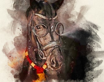 May include: A watercolor painting of a black horse wearing a bridle and round glasses. The horse's head is the focus of the painting, and the background is a soft, abstract wash of color.