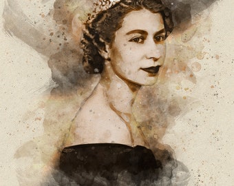 May include: A watercolor painting of a woman wearing a crown and a black dress. The background is a light brown with brown and white splatters of paint. The word "Queen" is written in cursive at the bottom of the image.