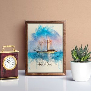 May include: A watercolour painting of a sailboat on the ocean with a blue and pink sky. The painting is framed in a brown frame and has the word "dandelion" written below the image.