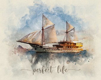 Sailboat Print, Seascape Watercolor Portrait, Nautical Nursery Art, Nautical Painting, Boat portrait, Yacht Poster, Digital Download