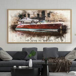 May include: A watercolour painting of a vintage wooden boat with a classic car on top of it. The boat is red and white with a green stripe. The car is silver and has a black interior. The painting is set against a backdrop of a city street with buildings and trees. The text "one way or another" is written in cursive at the bottom of the painting.