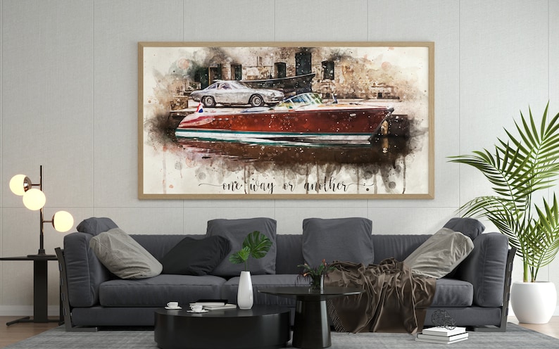 May include: A watercolour painting of a vintage wooden boat with a classic car on top of it. The boat is red and white with a green stripe. The car is silver and has a black interior. The painting is set against a backdrop of a city street with buildings and trees. The text "one way or another" is written in cursive at the bottom of the painting.